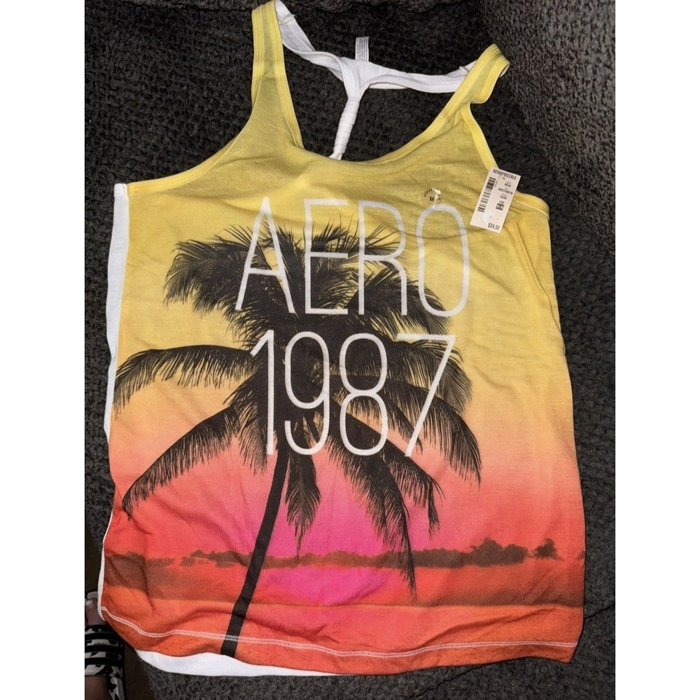 Aéropostale Sunset Yellow Pink Palm Graphic Jersey Racerback Tank Top Size M Y2K